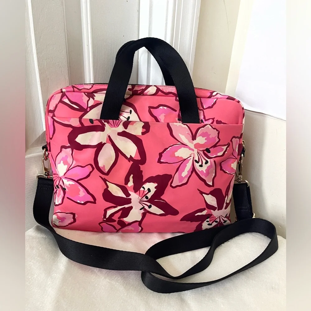 kate spade Pink Floral Laptop Bag with Storybook Lining EUC